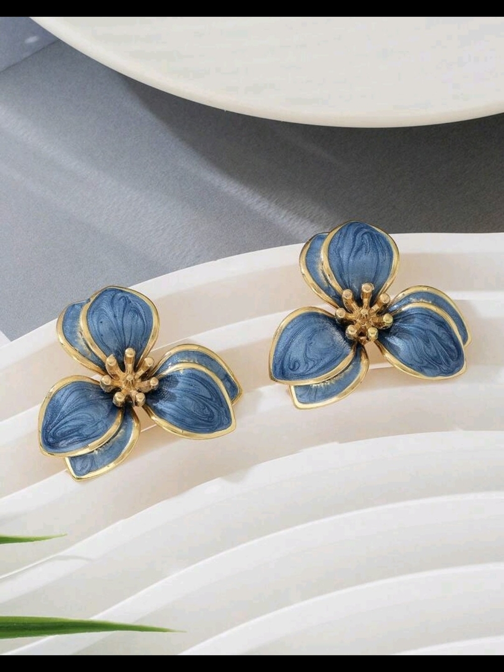 Blue Floral Petal Earrings with Gold Trim